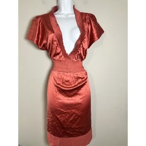 Vtg BCBGmaxazria Y2K Silk Smocked Empire Waist Dress Flutter Sleeve Rust Boho L